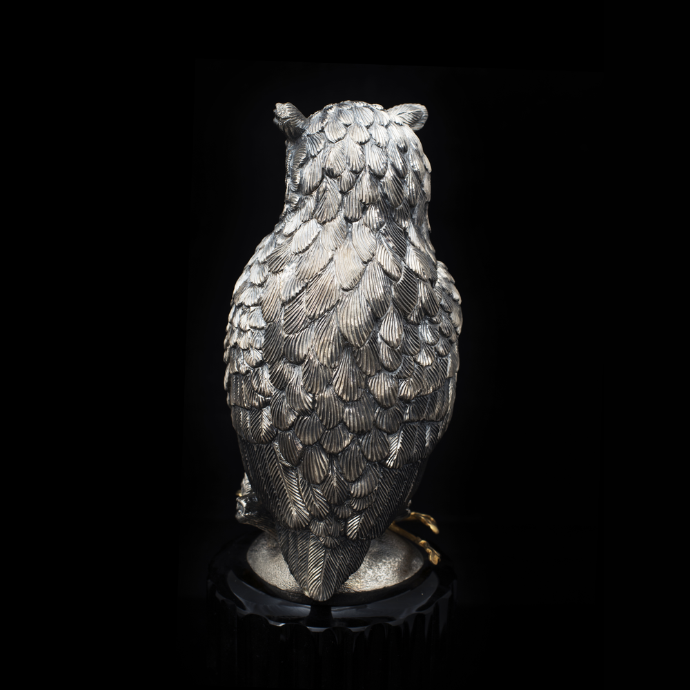 Sculptures, statuettes et miniatures - Eagle Owl Silver Sculpture with Obsidian - ORMAS GROUP