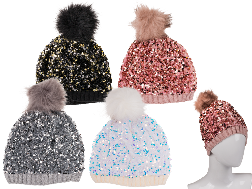 Chapeaux - Comfort cap with artifical fur pompom & sequins Glitter - OUT OF THE BLUE