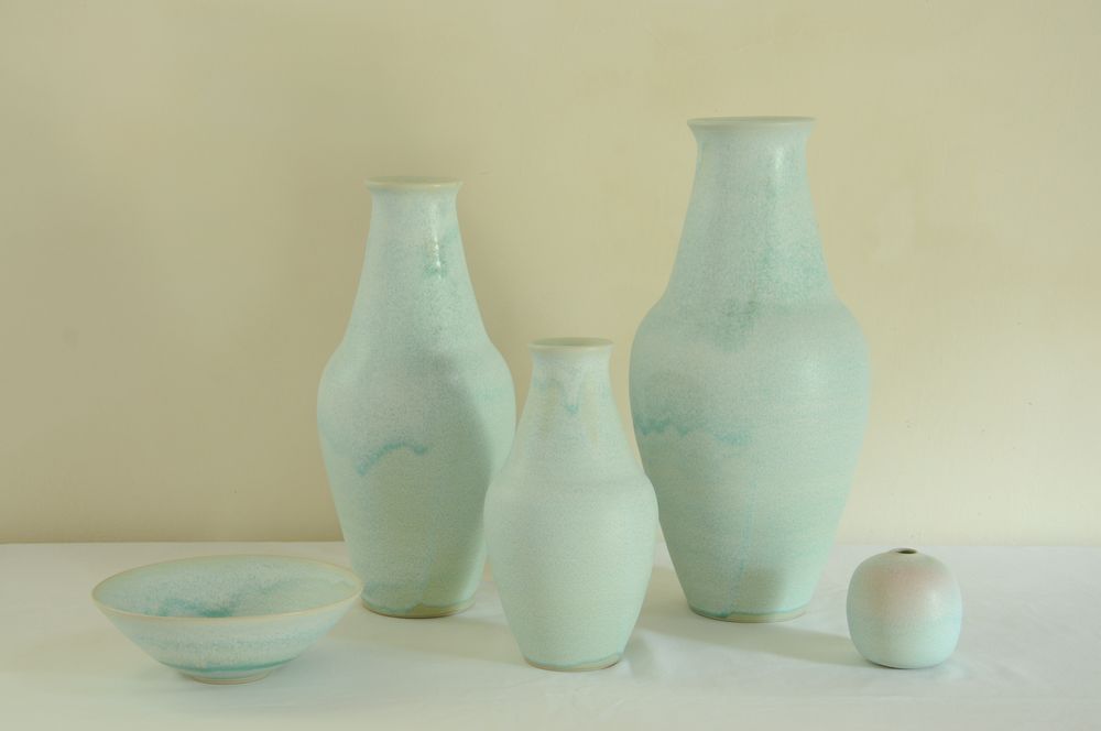 Céramique - Vases en grès, h 8-40 cm,  et bol de 20 cm, émail turquoise - CHRISTIANE PERROCHON