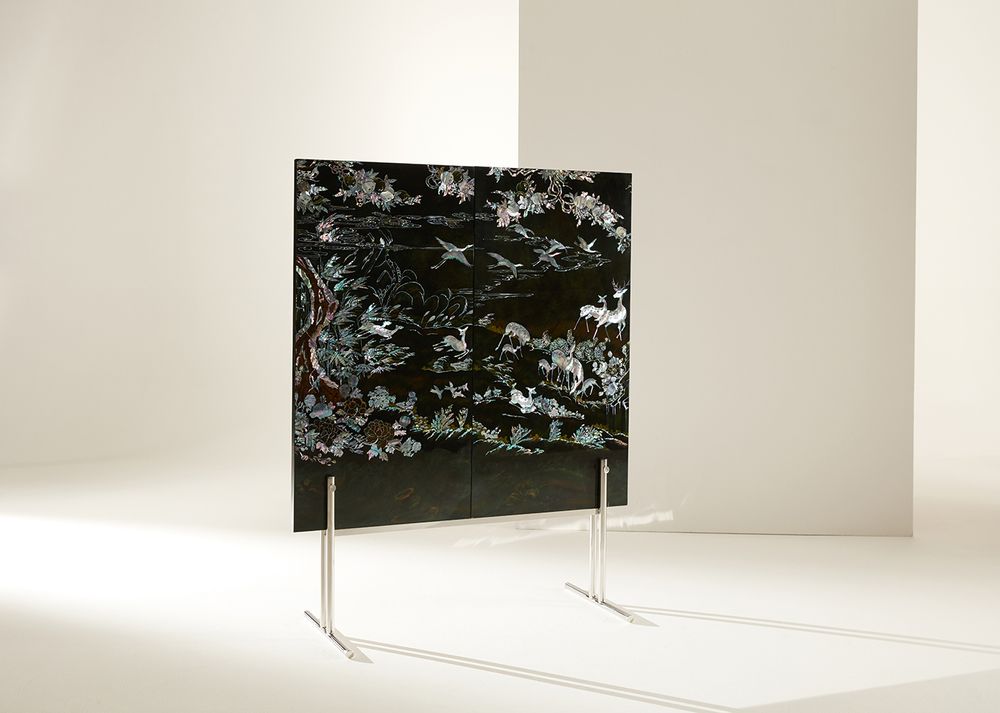 Unique pieces - WHITE CRANE, Double sided Mother-of-Pearl Room Divider/ Screen - ARIJIAN