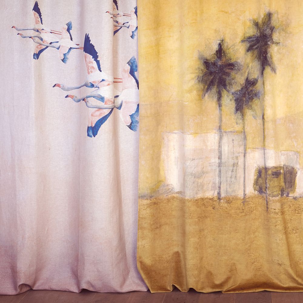 Rideaux et voilages - RIDEAU EN LIN IMPRIMÉ FLAMINGOS ROSE - MAISON LEVY