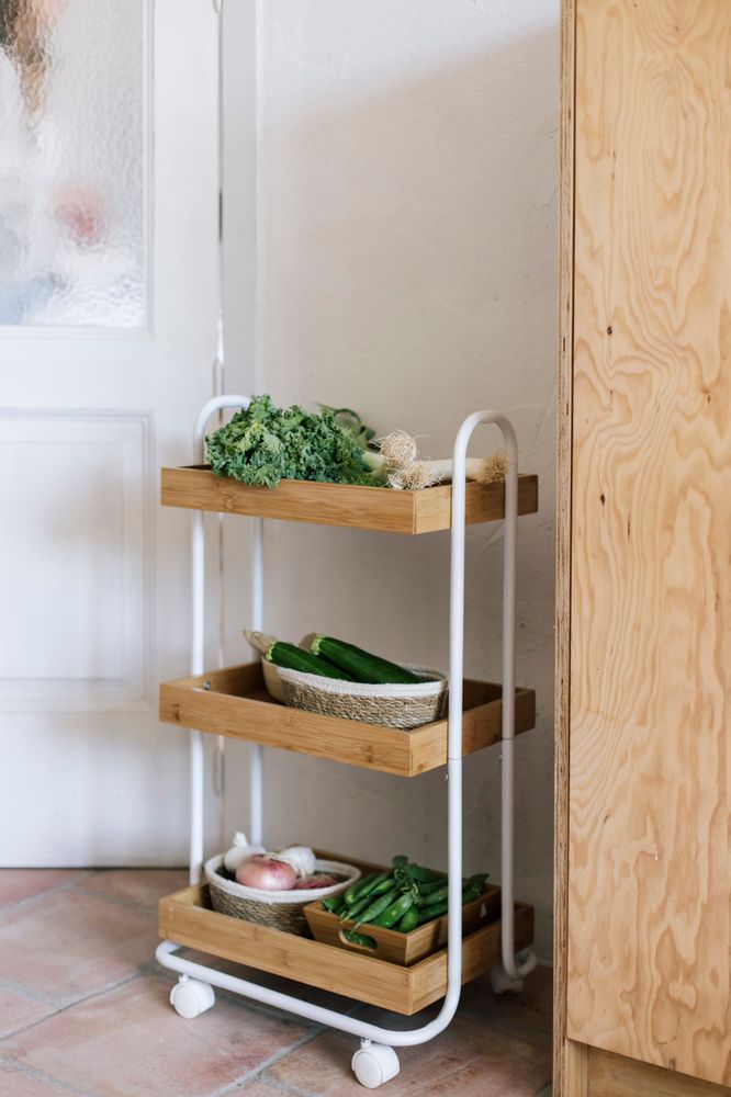 Trolleys - 3 tier shelf white metal/bamboo storage trolley CC70160 - ANDREA HOUSE
