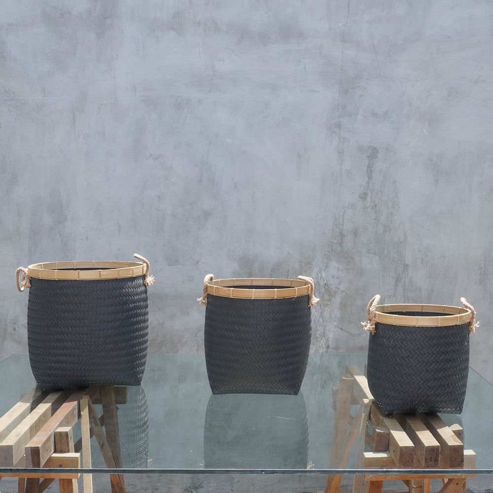 Decorative objects - Classic Black Wicker Laundry Basket - Set of 3 - NYAMAN GALLERY BALI
