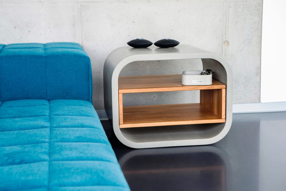 Night tables - OPUS PATEO/SECRETO Concrete and Solid Wood Bedside Table/Small Sideboard with shelf/drawer/door - CO33 EXKLUSIVE BETONMÖBEL