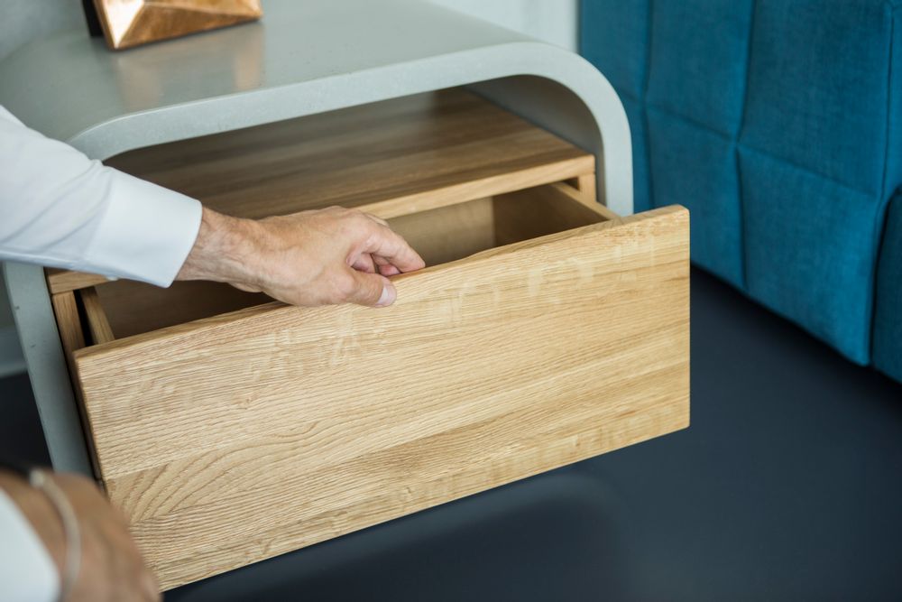 Night tables - OPUS PATEO/SECRETO Concrete and Solid Wood Bedside Table/Small Sideboard with shelf/drawer/door - CO33 EXKLUSIVE BETONMÖBEL