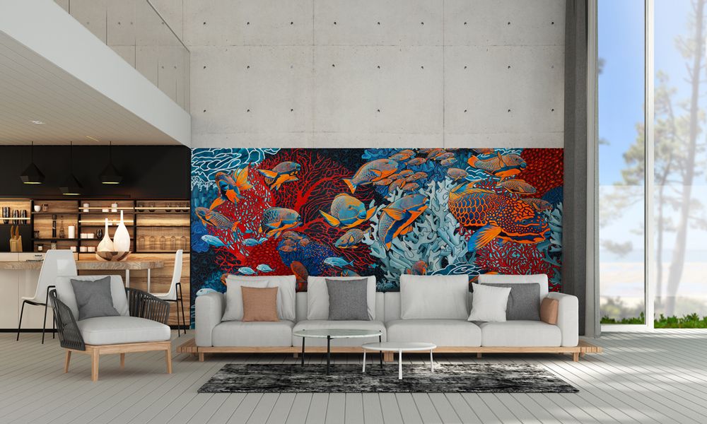 Papiers peints - Papier peint "La Danse" 263 x 450 cm - ORANGE / BLEU - Raccordable à l'infini à l'horizontale et/ou à la verticale - Maison Fétiche - MAISON FÉTICHE