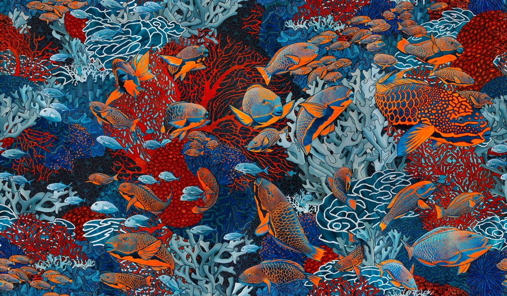 Papiers peints - Papier peint "La Danse" 263 x 450 cm - ORANGE / BLEU - Raccordable à l'infini à l'horizontale et/ou à la verticale - Maison Fétiche - MAISON FÉTICHE