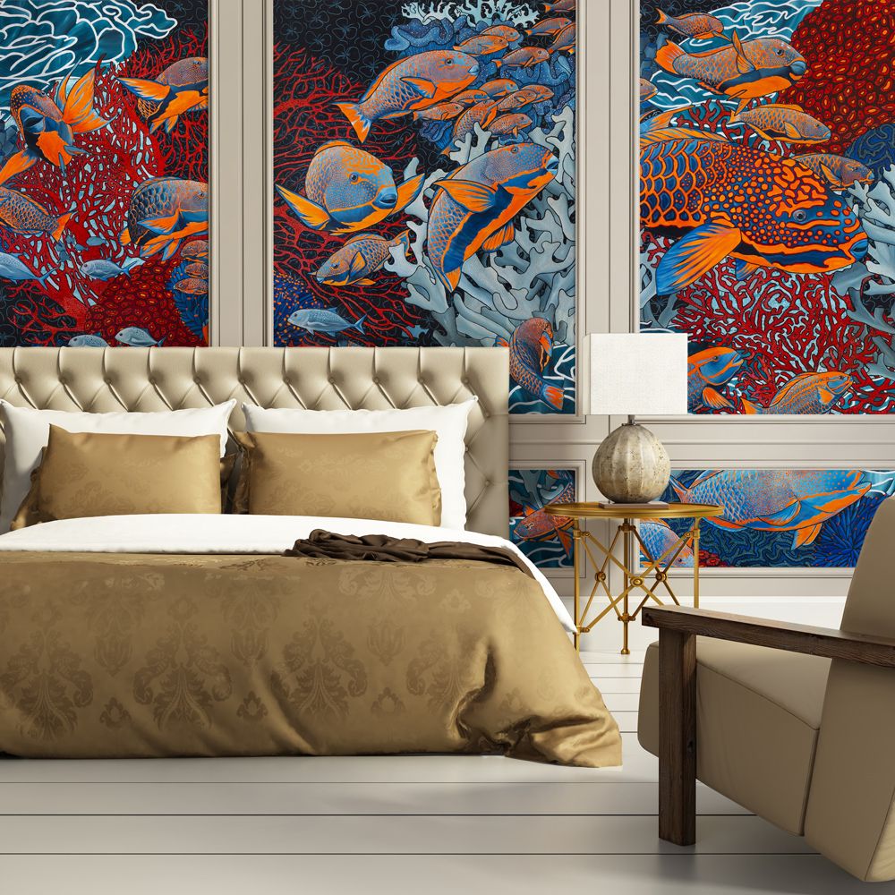 Papiers peints - Papier peint "La Danse" 263 x 450 cm - ORANGE / BLEU - Raccordable à l'infini à l'horizontale et/ou à la verticale - Maison Fétiche - MAISON FÉTICHE