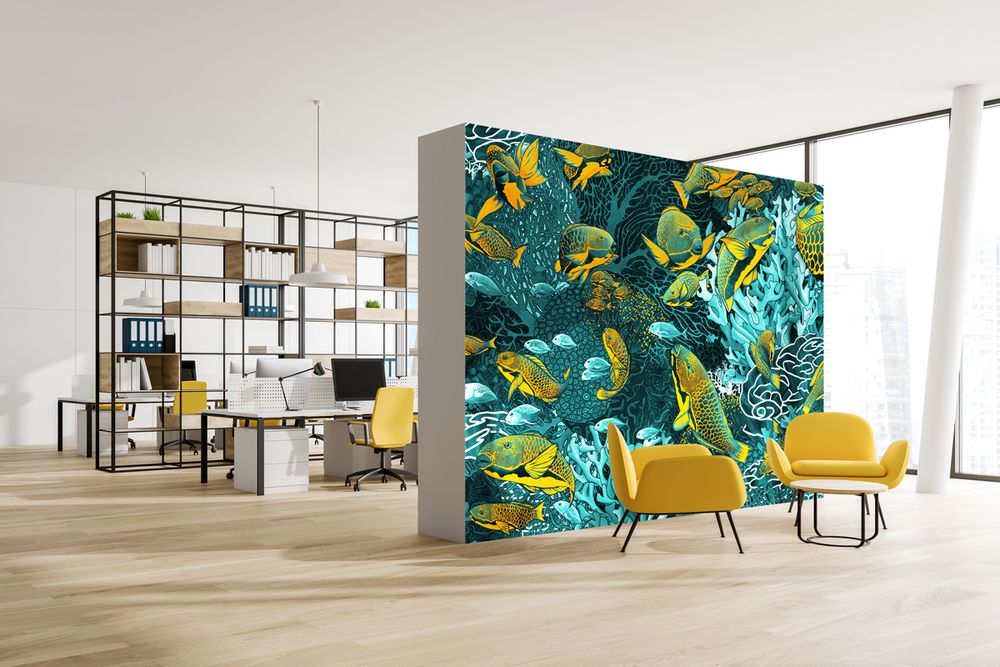 Office design and planning - Wallpaper “La Danse” 263 x 450 cm - BLUE & YELLOW - Infinitely connected horizontally and/or vertically - Maison Fétiche - MAISON FÉTICHE