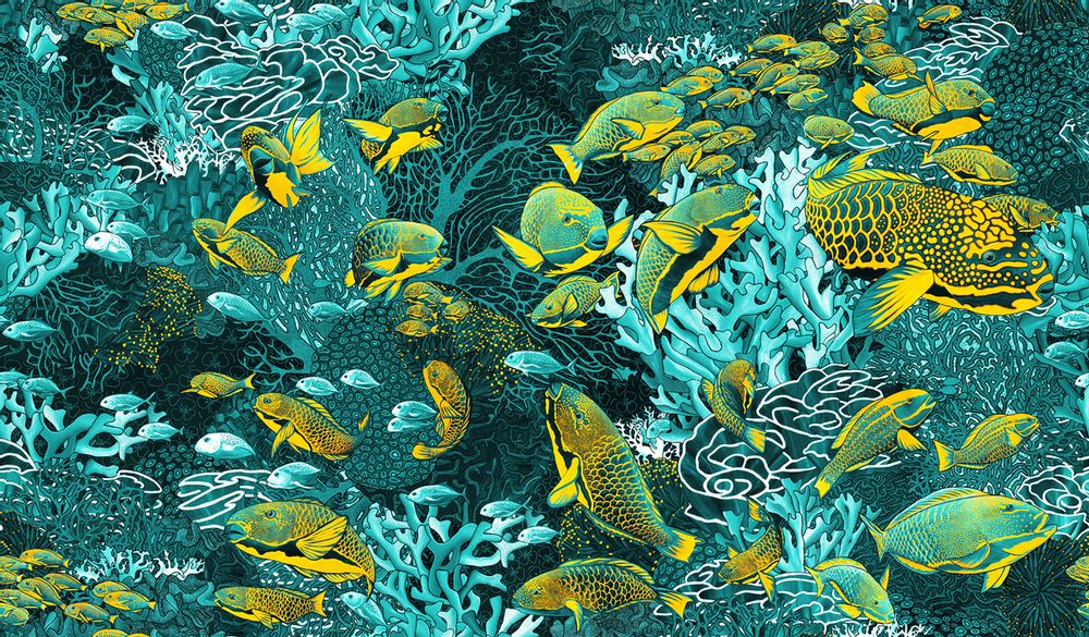 Office design and planning - Wallpaper “La Danse” 263 x 450 cm - BLUE & YELLOW - Infinitely connected horizontally and/or vertically - Maison Fétiche - MAISON FÉTICHE