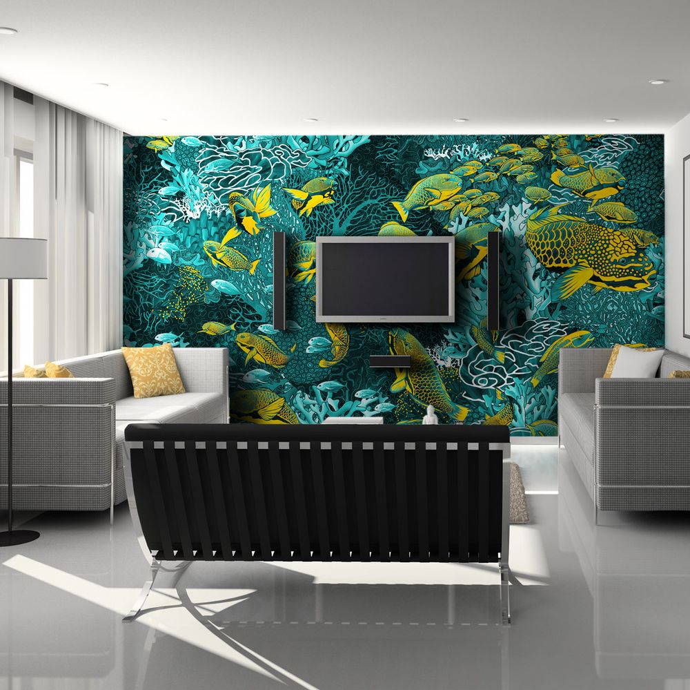 Office design and planning - Wallpaper “La Danse” 263 x 450 cm - BLUE & YELLOW - Infinitely connected horizontally and/or vertically - Maison Fétiche - MAISON FÉTICHE