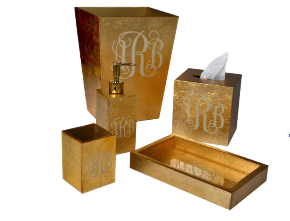 Bathroom waste baskets - Monogram gold wastebasket - MIKE + ALLY