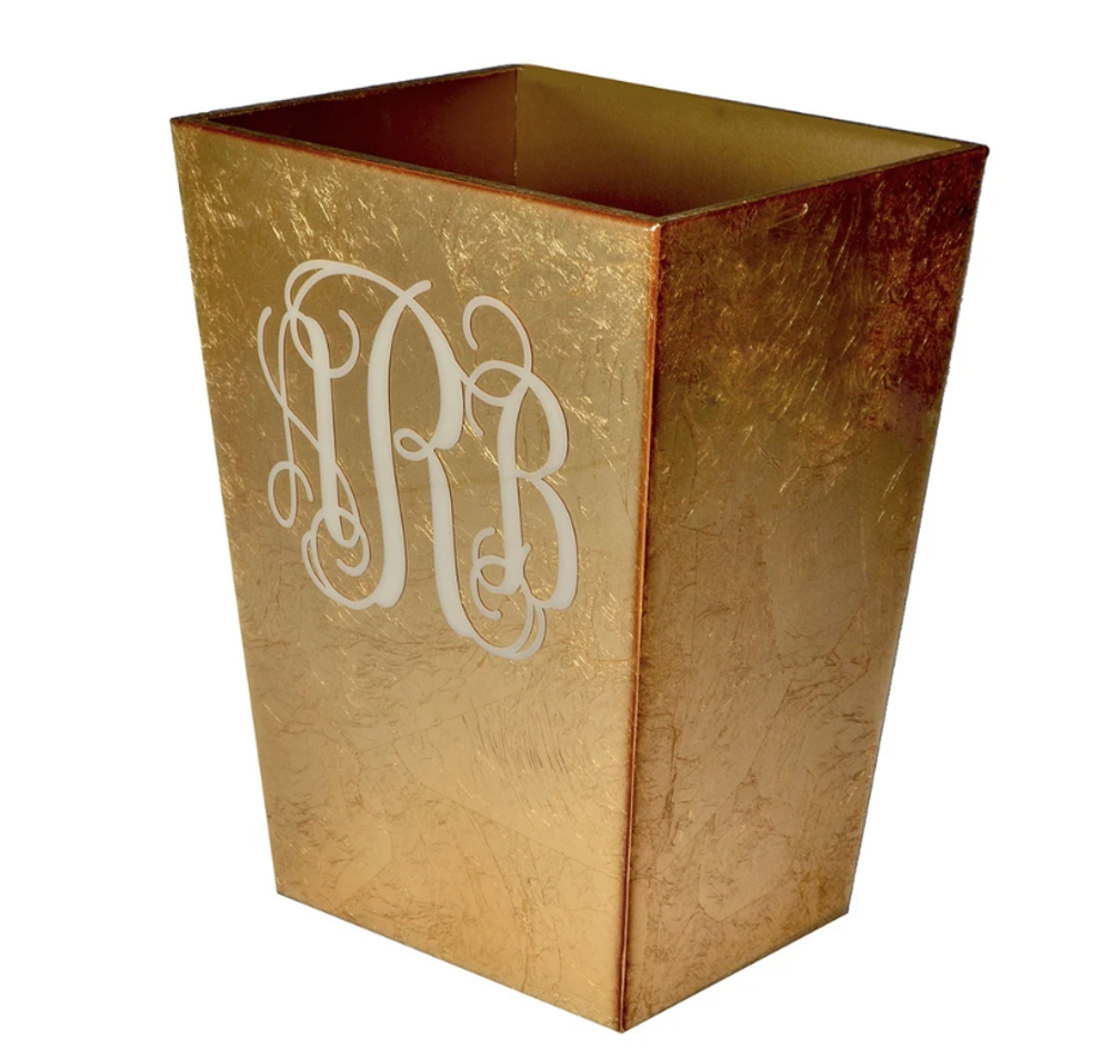 Bathroom waste baskets - Monogram gold wastebasket - MIKE + ALLY