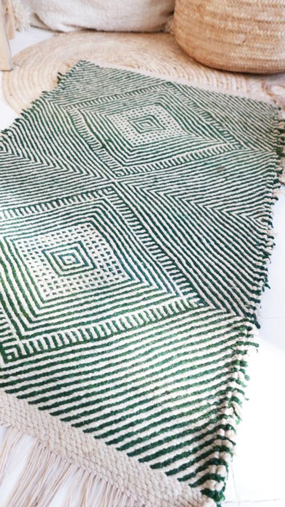 Autres tapis - Tapis marocain Kilim - Motif diamants Flatweave Vert - TASHKA RUGS