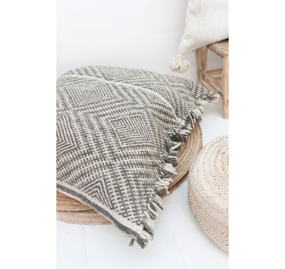 Fabric cushions - Giant Moroccan Kilim Wool Floor Cushion - Shadoui Grey - TASHKA RUGS