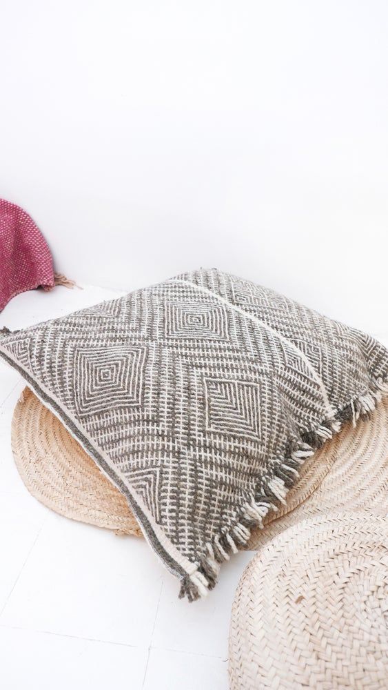 Fabric cushions - Giant Moroccan Kilim Wool Floor Cushion - Shadoui Grey - TASHKA RUGS