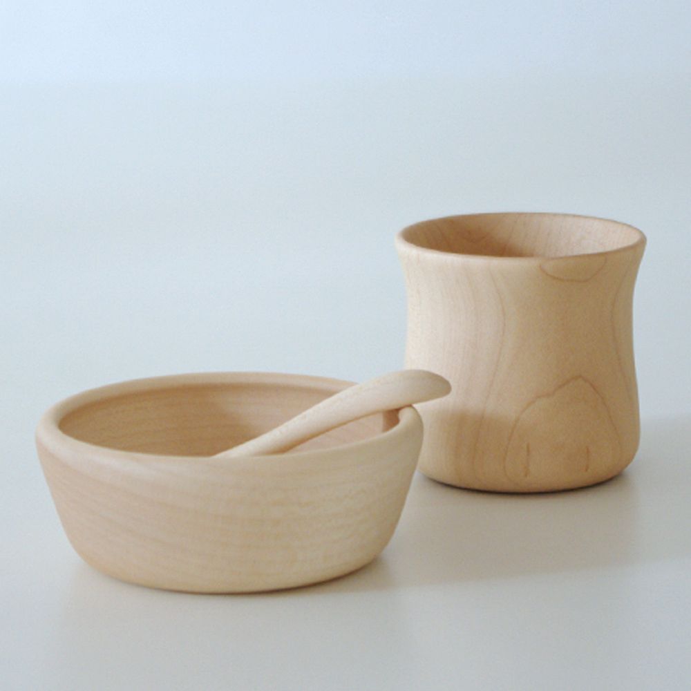 Childcare accessories - KINOKO - baby dishes set - wooden - bowl - cup - spoon - SUNAOLAB.