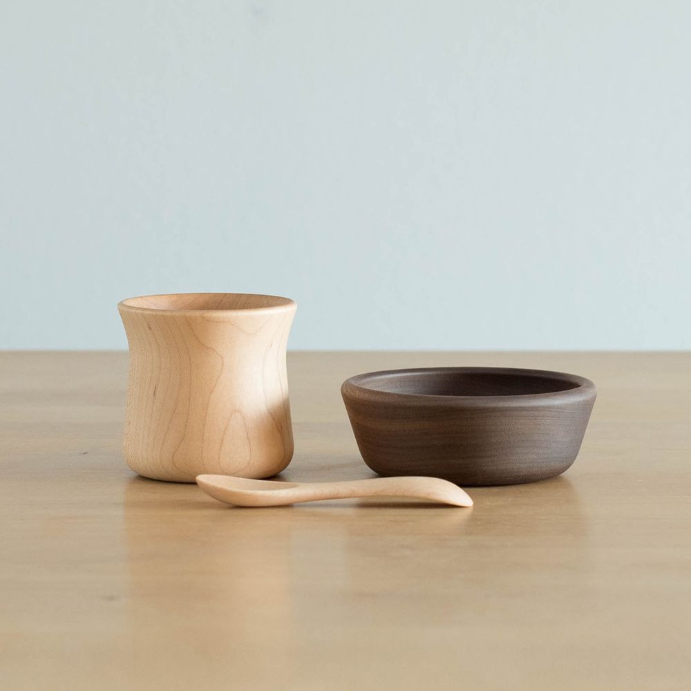 Childcare accessories - KINOKO - baby dishes set - wooden - bowl - cup - spoon - SUNAOLAB.