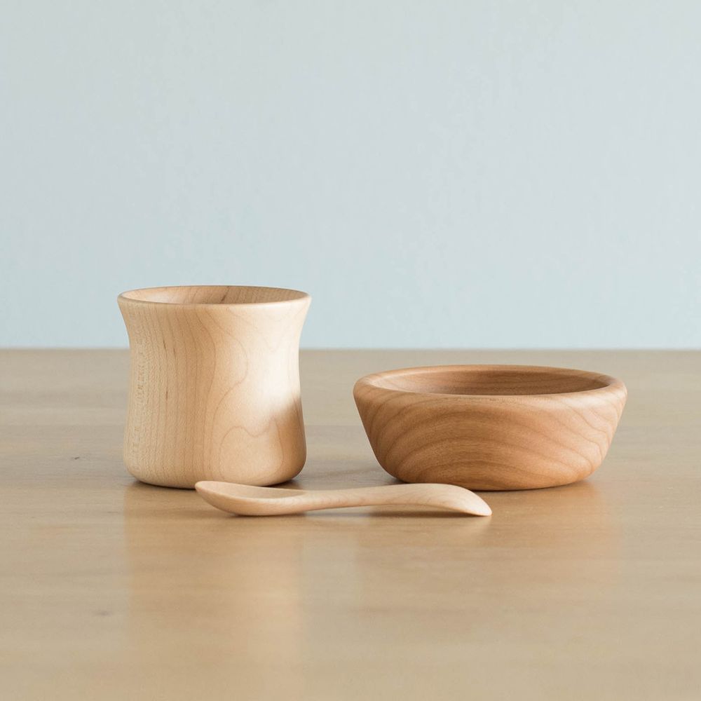 Childcare accessories - KINOKO - baby dishes set - wooden - bowl - cup - spoon - SUNAOLAB.