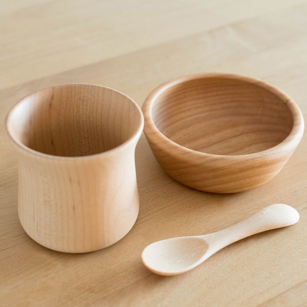 Childcare accessories - KINOKO - baby dishes set - wooden - bowl - cup - spoon - SUNAOLAB.