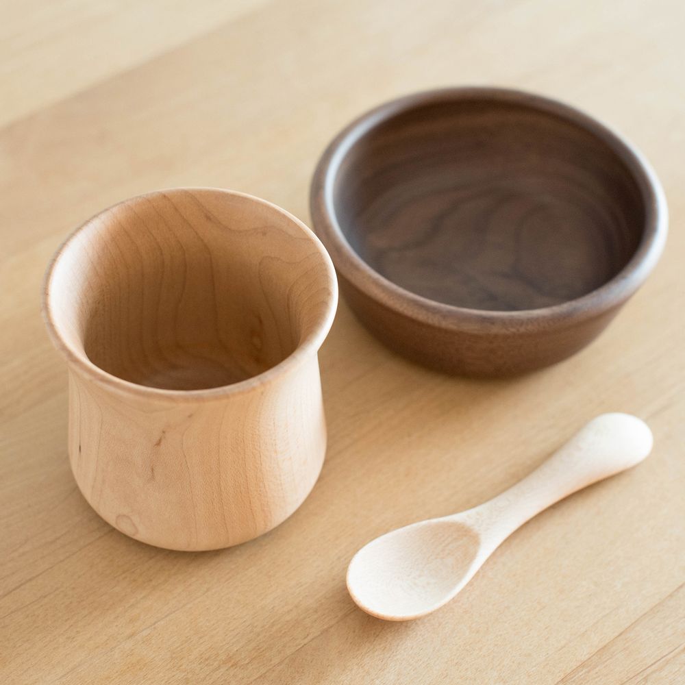 Childcare accessories - KINOKO - baby dishes set - wooden - bowl - cup - spoon - SUNAOLAB.