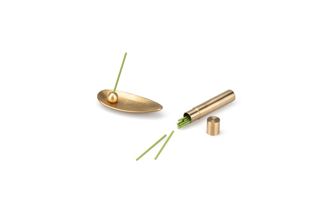 Decorative objects - Incense Burner Set brass/tin - Bamboo Leaf - with incense sticks - NOUSAKU
