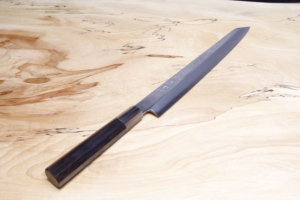 Couverts & ustensiles de cuisine - Couteau VG10 (Inox) Finition miroir Yanagi Kiritsuke Poignée ébène avec anneau de collier en corne de buffle blanc 300mm - ITTOSAI KOTETSU