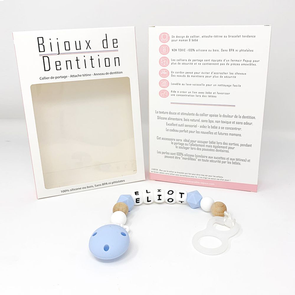 Accessoires pour puériculture - Attache-sucette silicone personnalisable - Bois et Bleu - IRRÉVERSIBLE