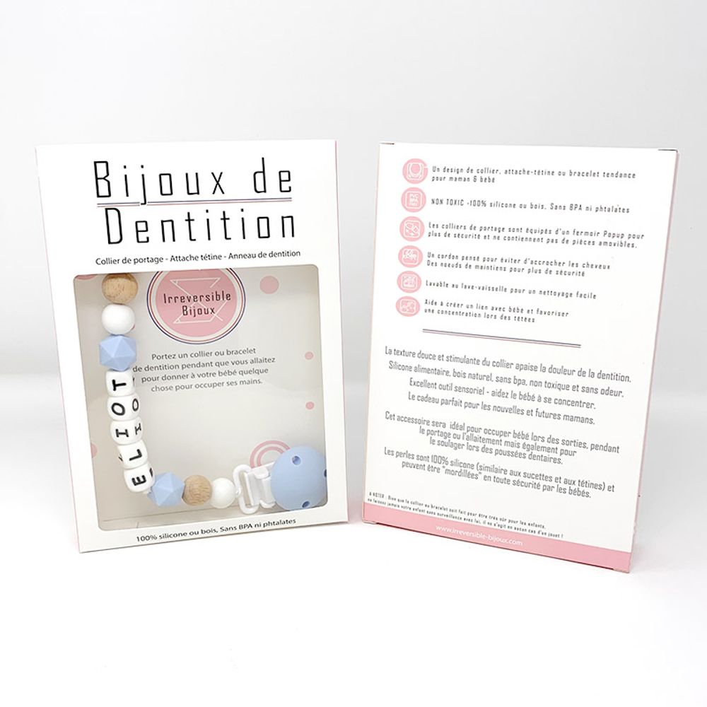 Accessoires pour puériculture - Attache-sucette silicone personnalisable - Bois et Bleu - IRRÉVERSIBLE