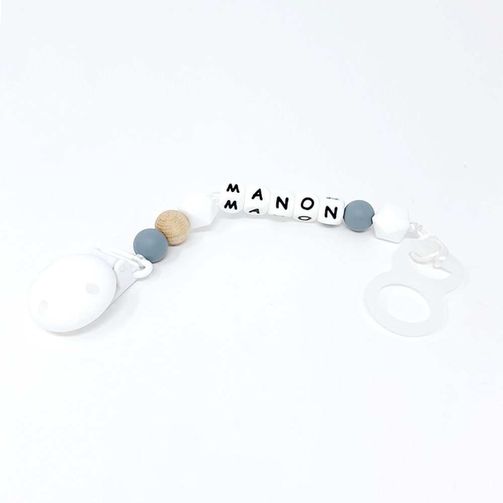 Accessoires pour puériculture - Attache-sucette silicone personnalisable - Bois et Gris - IRRÉVERSIBLE