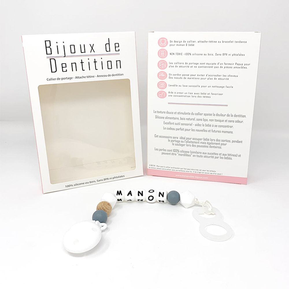 Accessoires pour puériculture - Attache-sucette silicone personnalisable - Bois et Gris - IRRÉVERSIBLE