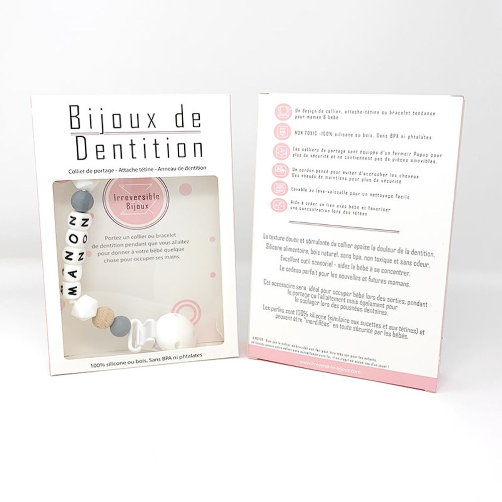 Accessoires pour puériculture - Attache-sucette silicone personnalisable - Bois et Gris - IRRÉVERSIBLE