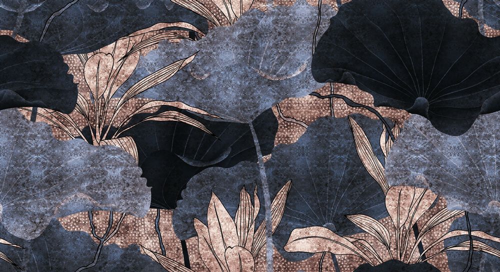 Wallpaper - Elementa Blue and Coppery Pink Foliage Wallpaper - LA MAISON MURAEM