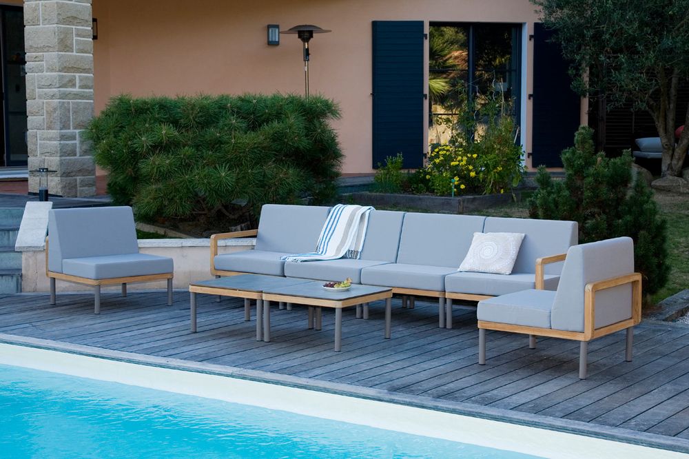 Lawn chairs - Kallysta central module for garden furniture in solid teak with taupe thermo-lacquered aluminium legs and polyolefin cushions. - EZEÏS