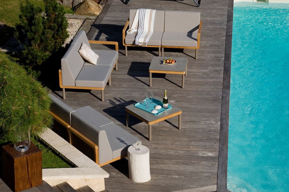 Lawn chairs - Kallysta central module for garden furniture in solid teak with taupe thermo-lacquered aluminium legs and polyolefin cushions. - EZEÏS