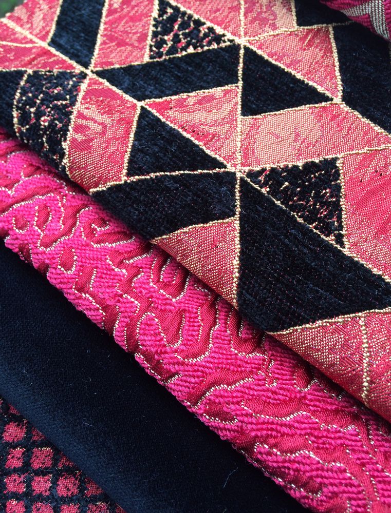 Upholstery fabrics - UPHOLSTERY FABRIC/ BLACK-RED & GOLD - DEMTEKS