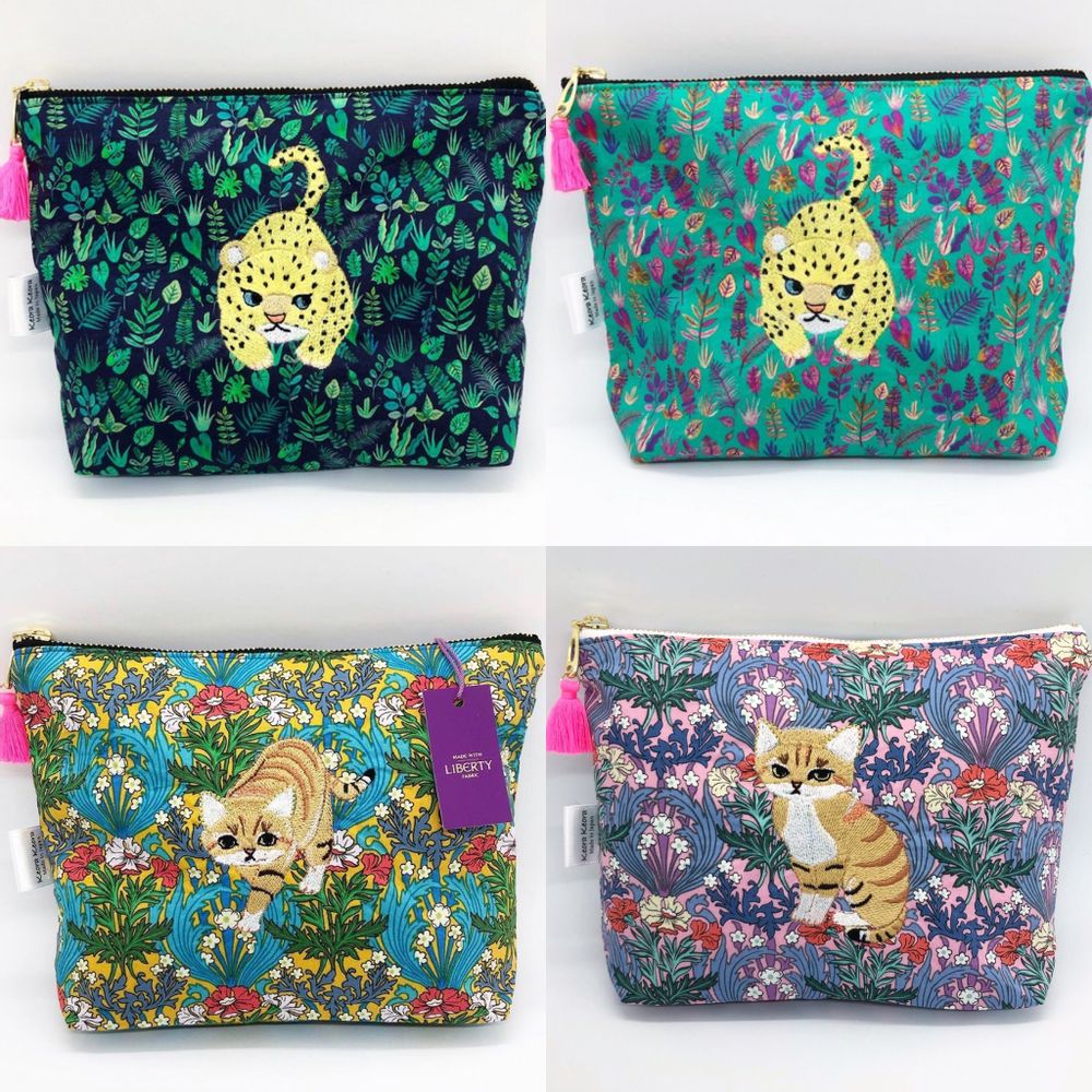 Clutches - Embroidered Liberty Print Fabric Pouch Baby-Leopard, Sand Cat - KEORA KEORA GOODS JP