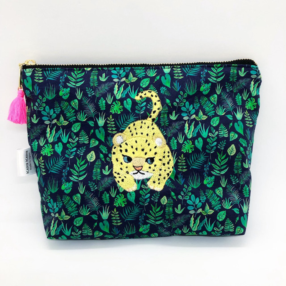 Clutches - Embroidered Liberty Print Fabric Pouch Baby-Leopard, Sand Cat - KEORA KEORA GOODS JP