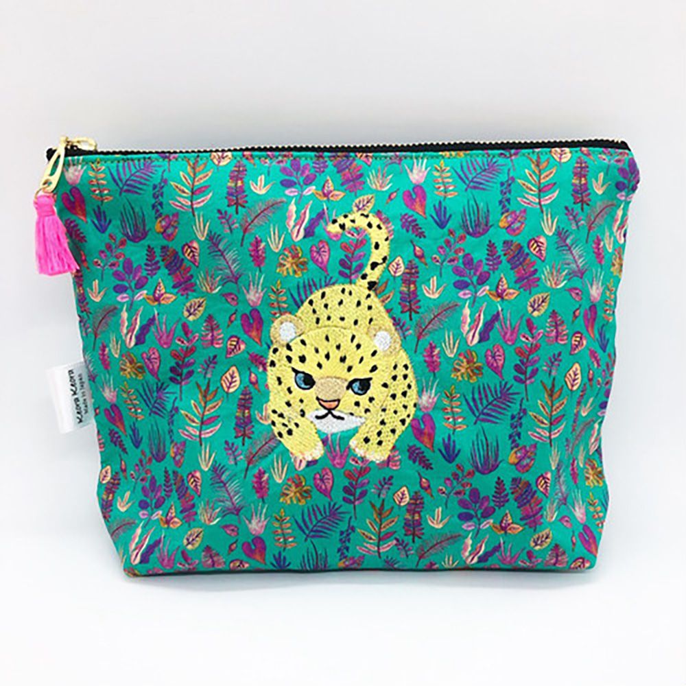 Clutches - Embroidered Liberty Print Fabric Pouch Baby-Leopard, Sand Cat - KEORA KEORA GOODS JP