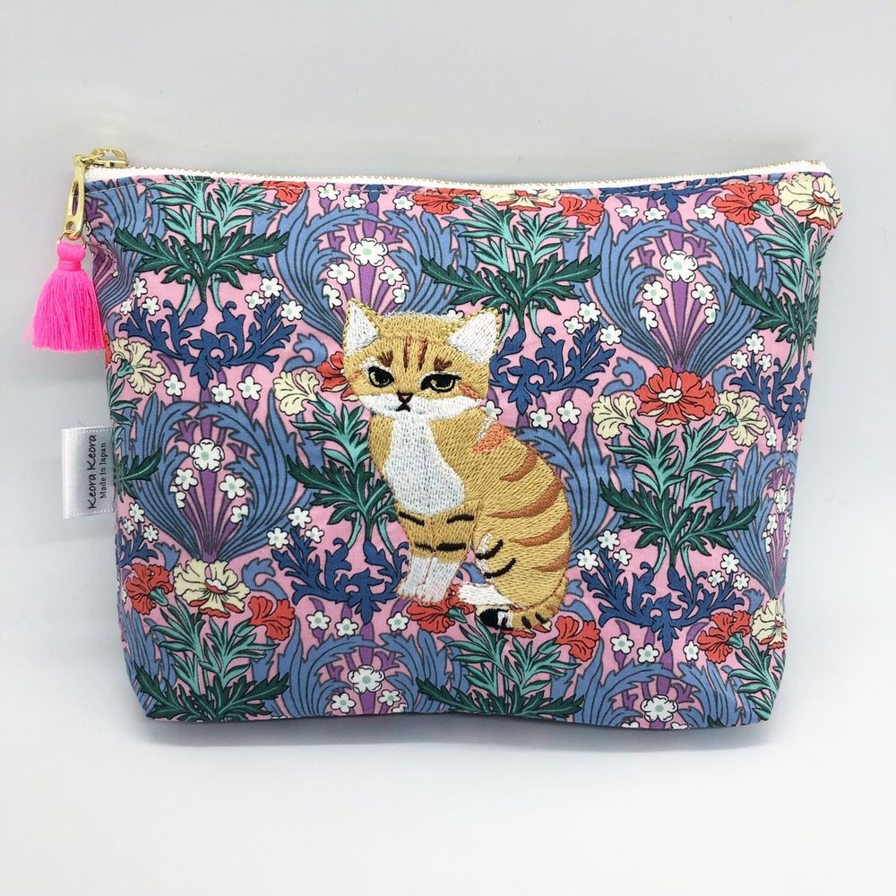Clutches - Embroidered Liberty Print Fabric Pouch Baby-Leopard, Sand Cat - KEORA KEORA GOODS JP