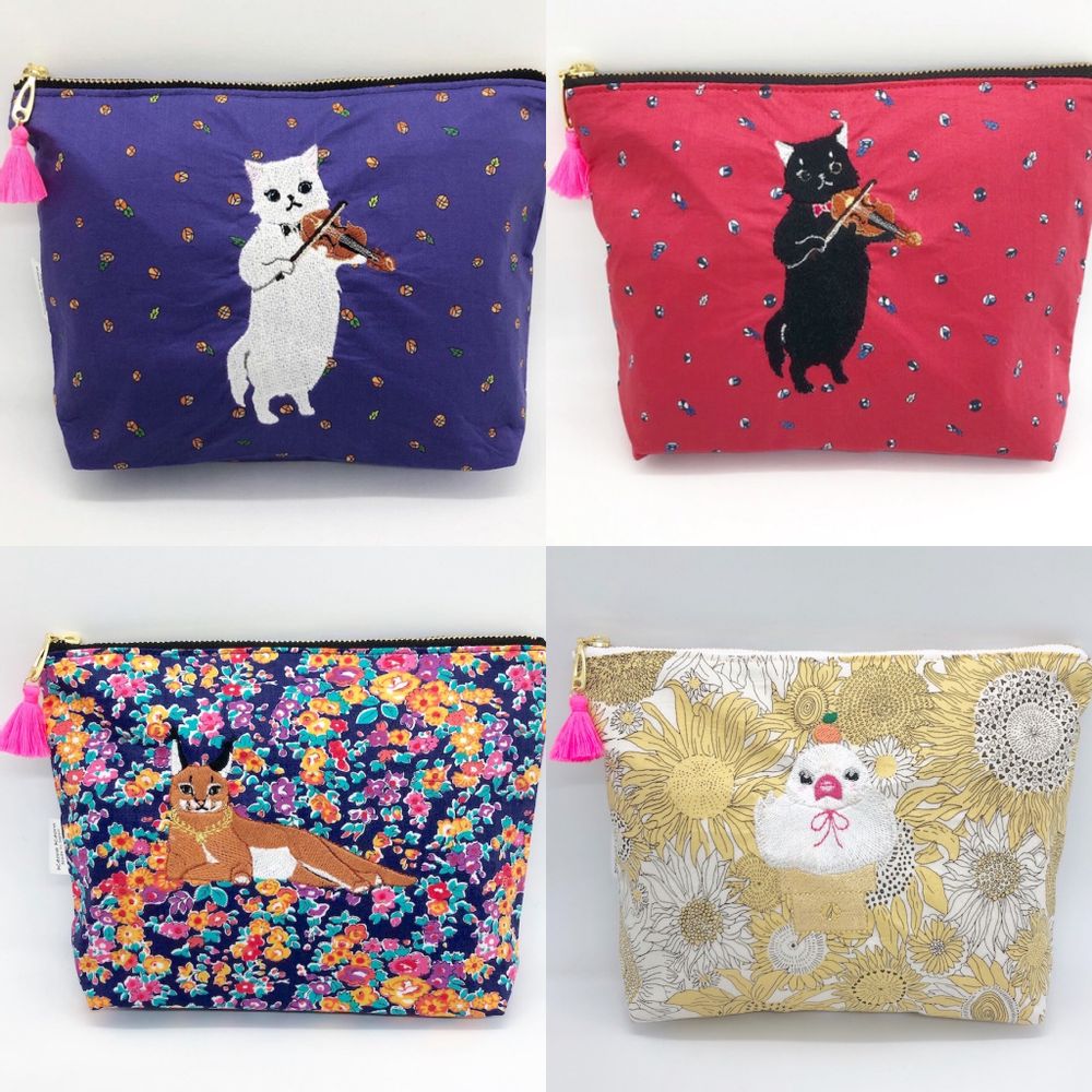 Papeterie bureau - Pochette brodée tissu imprimé Liberty - Chat au violon, Caracal, Moineau de Java  - KEORA KEORA GOODS JP