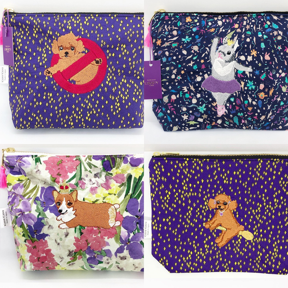 Pochettes - Pochette brodée tissu imprimé Liberty - bâtards de caniche, ballerine de lapin, prince corgi, toy-caniche sorcière - KEORA KEORA GOODS JP