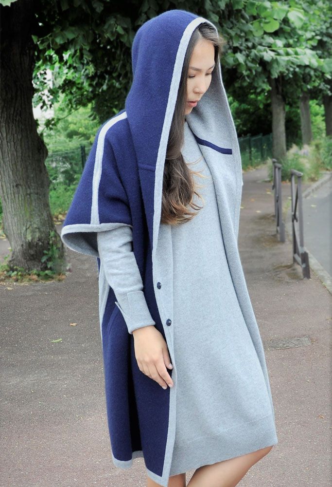 Apparel - Reversible women's poncho with hoodie in cashmere, Mongolia - AZZA DESIGN STUDIO ORGANIC CASHMERE MONGOLIE