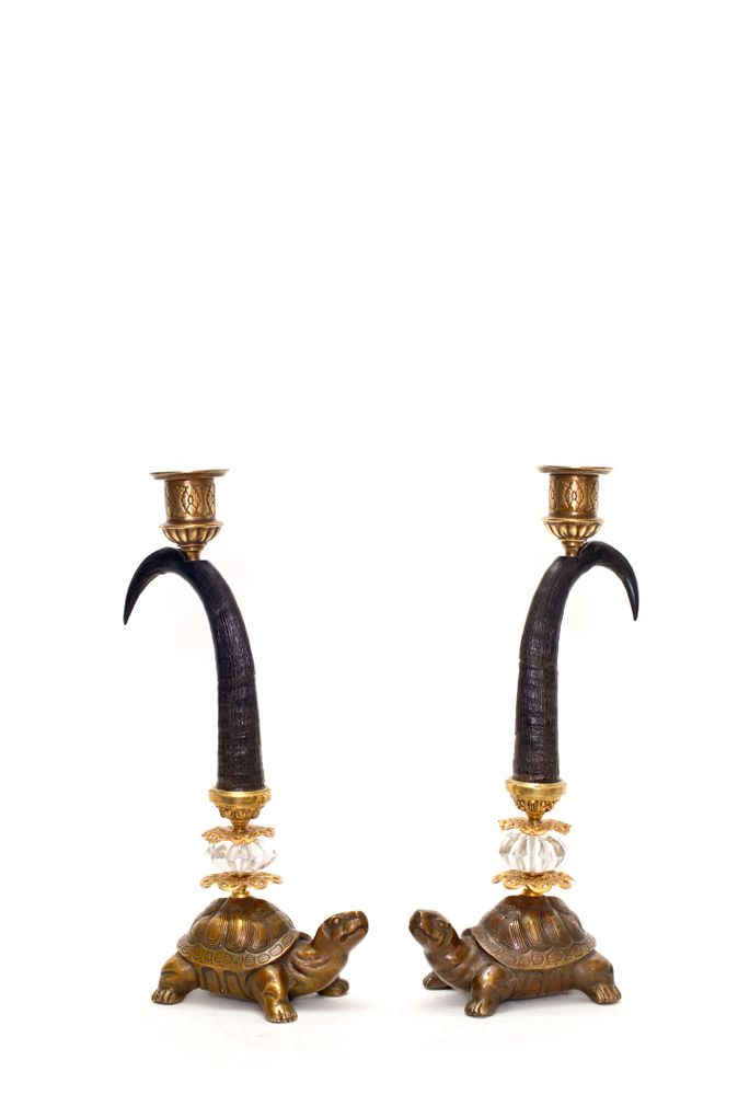 Unique pieces - Pair of gambock horns, candle sticks - DUPONT BERLIN