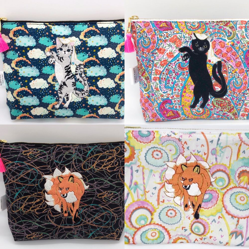 Cadeaux - Pochette brodée tissu imprimé Liberty - Chat-fantôme à deux queues & Renard-fantôme à neuf queues - KEORA KEORA GOODS JP
