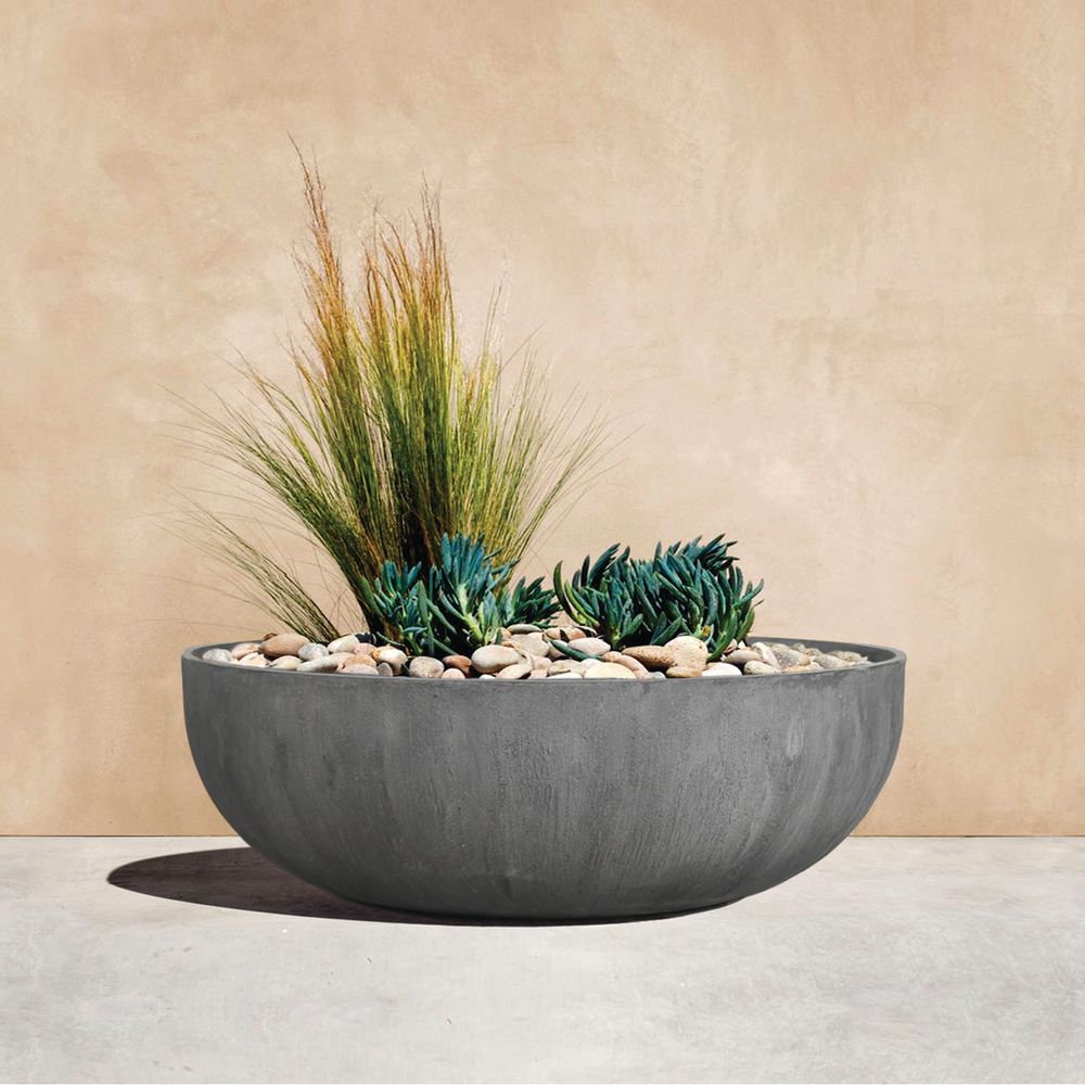 Pottery - SAND FIBER - Low Round Vertical Scratched Planter - NEXX DECOR LTD