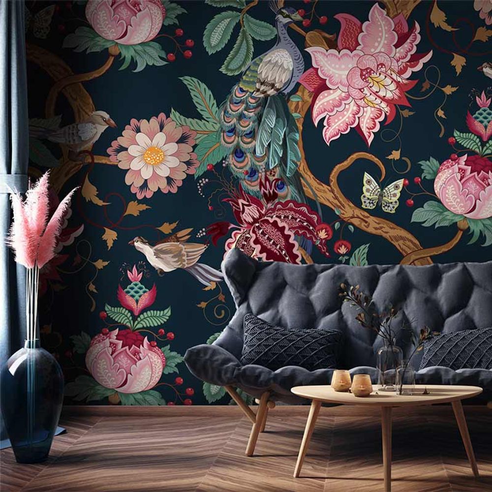 Objets de décoration - Papier peint grosses fleurs et oiseaux Pavo - LA MAISON MURAEM