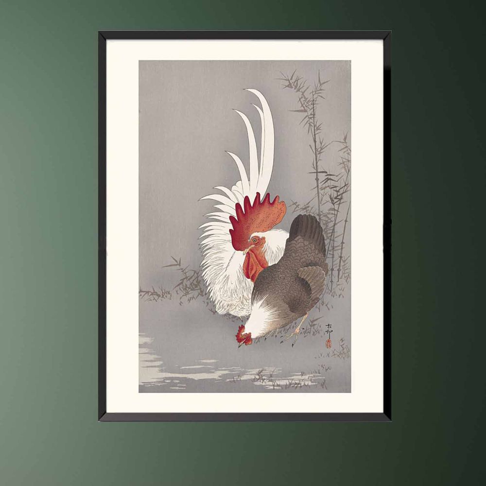 Affiches - Estampe japonaise oiseaux Coq et poule de Ohara Koson prêt-à-encadrer 30x40 cm - BILLPOSTERS