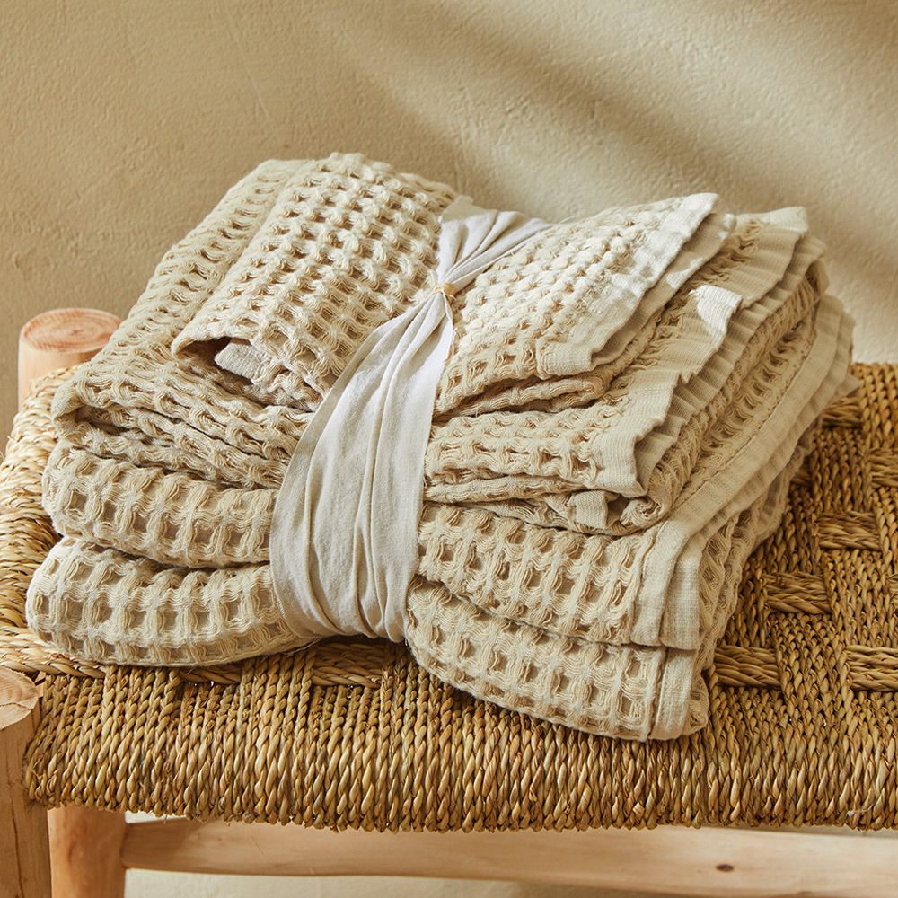 Serviettes de bain - Nid d'Abeille en coton bio sable - DORAN SOU