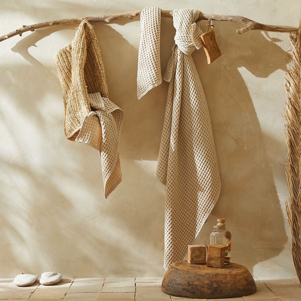 Serviettes de bain - Nid d'Abeille en coton bio sable - DORAN SOU